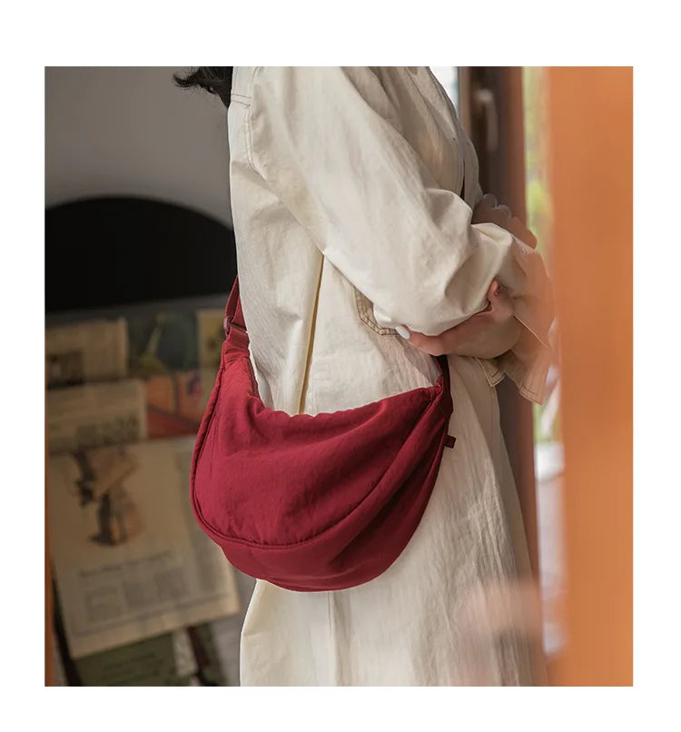 Solid Color Women's Portable Shoulder Bag Simple Female Nylon Cloth Padded Crossbody Bags Travel Purse Handbags Messenger Bag