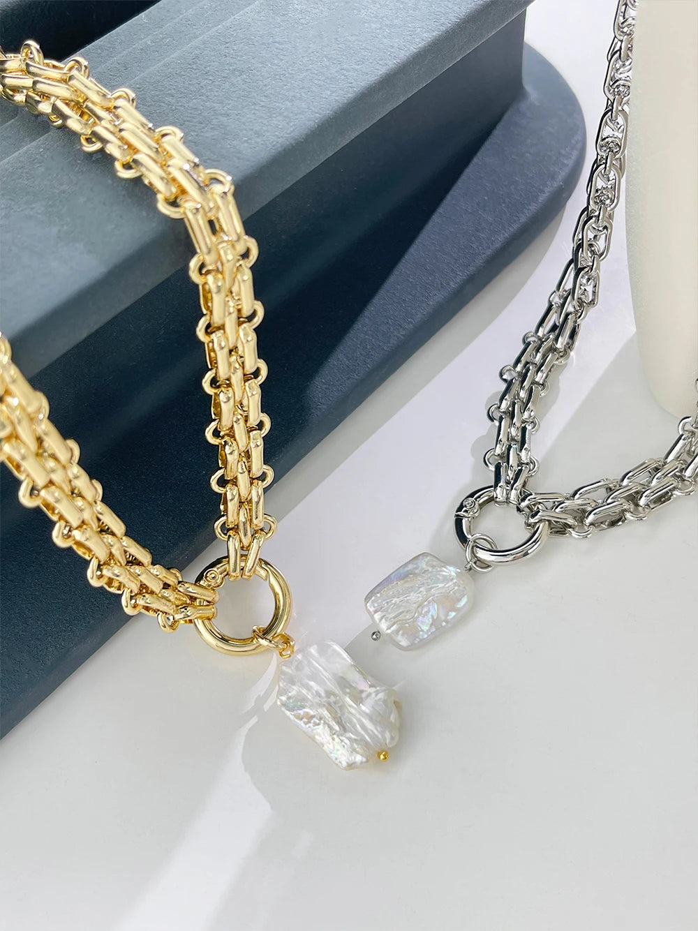 Ghidbk Large Square Natural Freshwater Pearl Pendant Chunky Chain Necklace for Women Vintage Elegant Baroque Pearls Necklaces