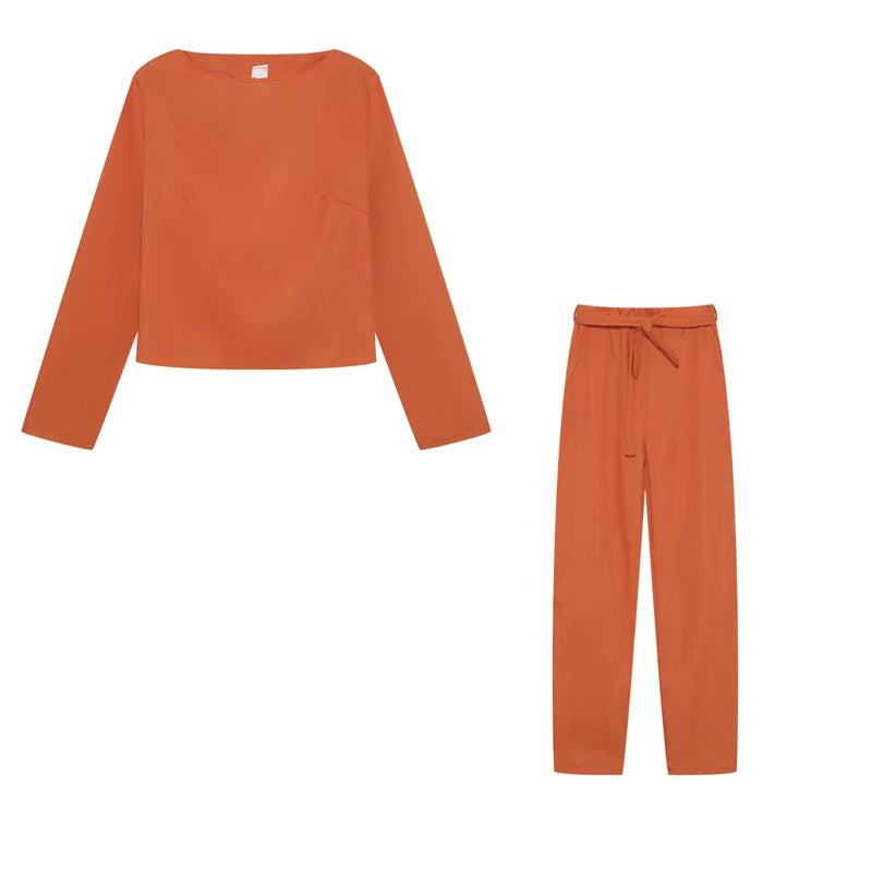 Suit Set Einfarbig Blusenhose Rundhals - Polyester Größe L