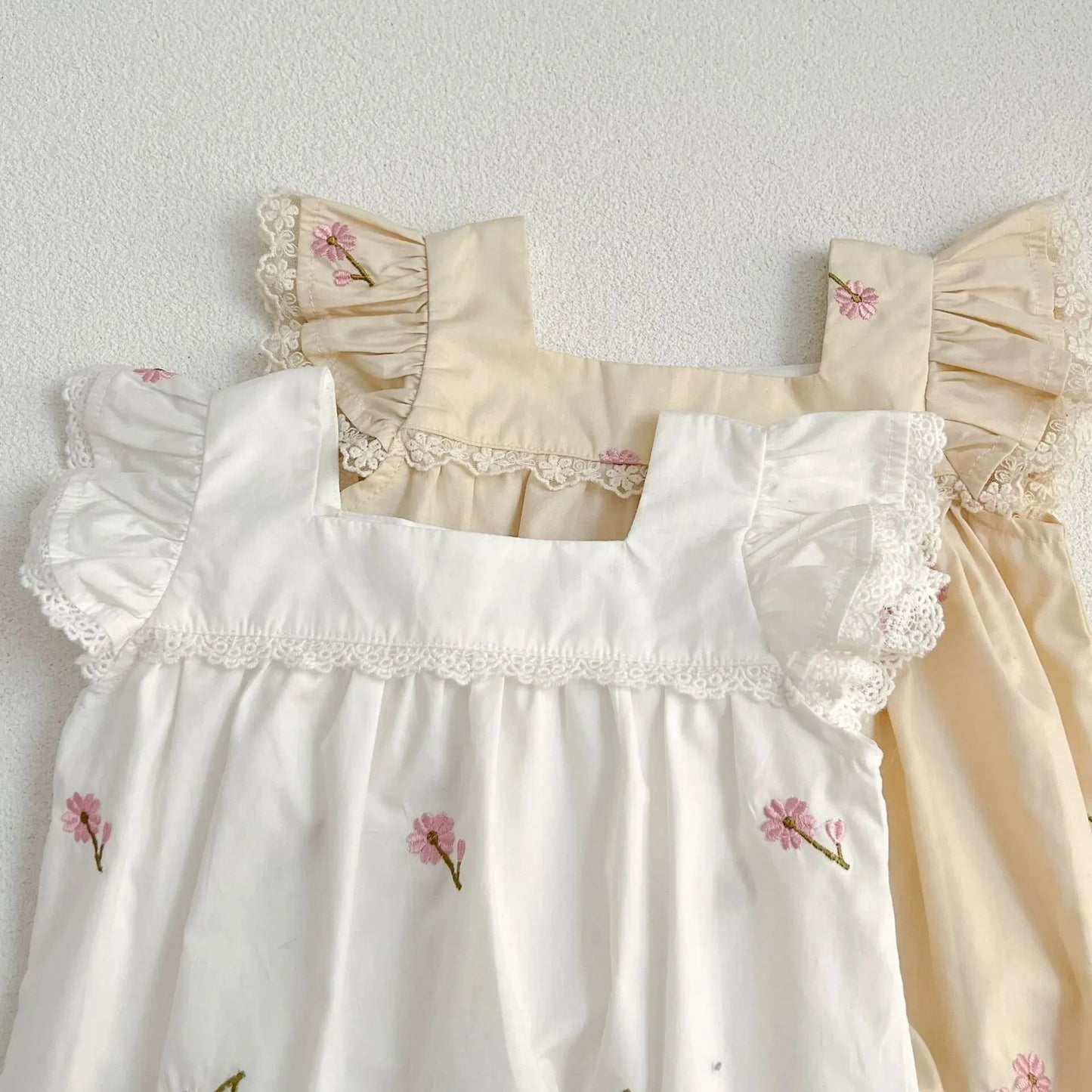 New Summer Collection: Newborn Girls' Lace Flutter Sleeve Embroidered Floral Cotton Jumpsuits, Adorable Infant Bodysuits