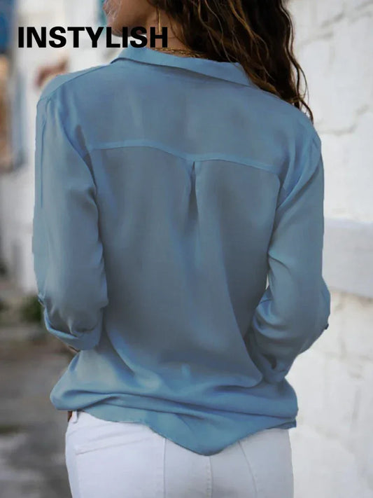 Women Elegant Solid Blouse and Shirt Elegant Long Sleeve V Neck Loose Chiffon Blouse Office Lady Loose Tunics Oversized Tops - Golden Bridge Store