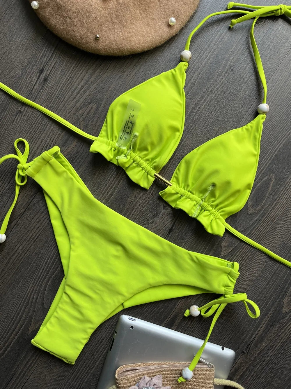 Set bikini pentru femei 2025 - costum de baie triunghiular cu halter brazilian, push-up, lanț metalic