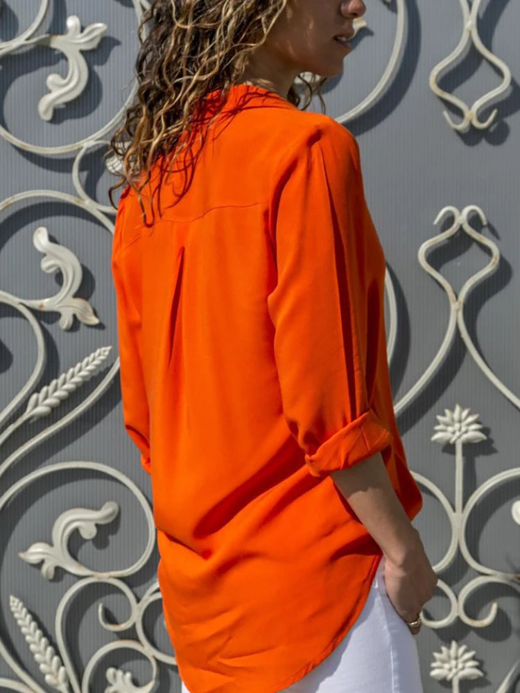 Women Elegant Solid Blouse and Shirt Elegant Long Sleeve V Neck Loose Chiffon Blouse Office Lady Loose Tunics Oversized Tops