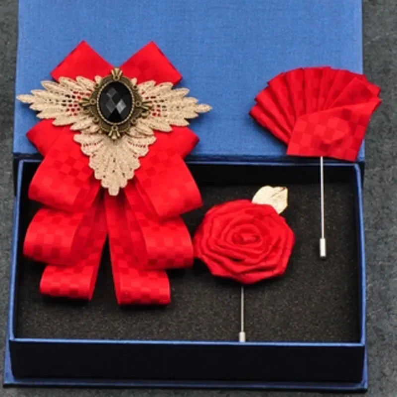 Set de nuntă 2025: Noua modă britanică pentru bărbați, performanță de nuntă pentru mire - Set de accesorii pentru bărbați cu papion, guler floral și buzunar, pentru petrecere de nuntă
