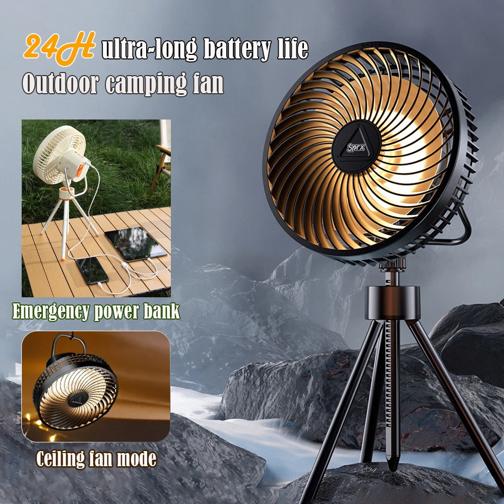 12000mAh Tripod Camping Fan Rechargeable Desktop Portable Circulator Wireless Ceiling Electric Fan with Power Bank LED Lighting