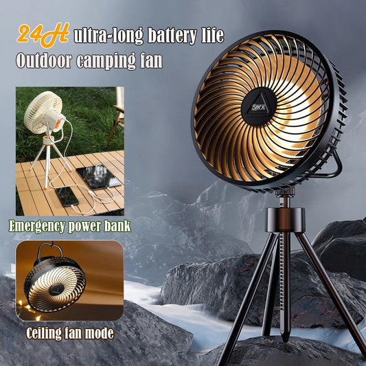12000mAh Tripod Camping Fan Rechargeable Desktop Portable Circulator Wireless Ceiling Electric Fan with Power Bank LED Lighting