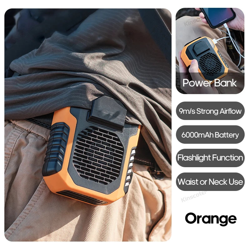 KINSCOTER Ventilator portabil pentru talie în aer liber - Ventilator multifuncțional pentru gât cu iluminare LED de 8000 mAh, baterie externă