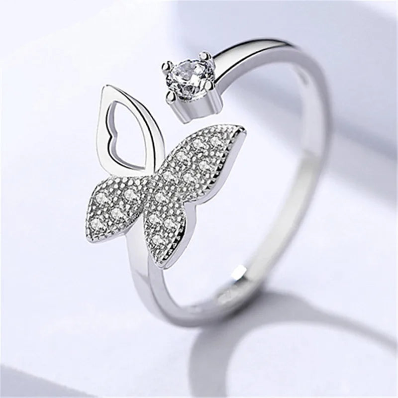 Buyee 925 Sterling Silver Ring Sweet Butterfly Drăguț Fluture Zircon Alb Inel Deschis pentru Femei Fashion Trend Fine Jewelry Circle