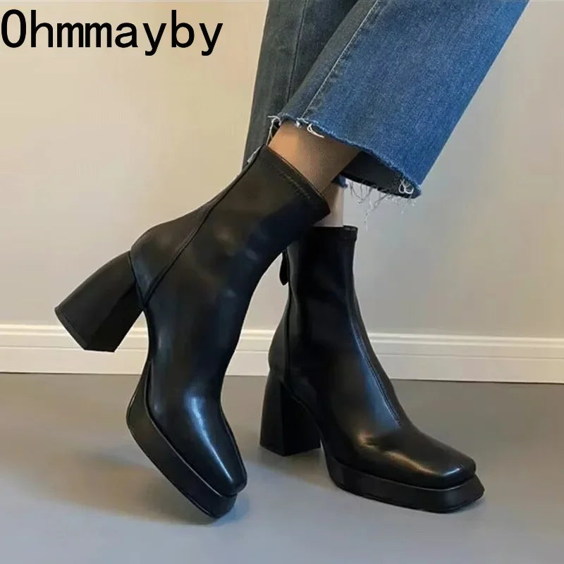 Ohmmayby Vintage Square Toe Damen Stiefeletten Mit Reißverschluss Hinten - Größe EU 37-41, Absatzhöhe 5-8 cm, Knöchelhöhe