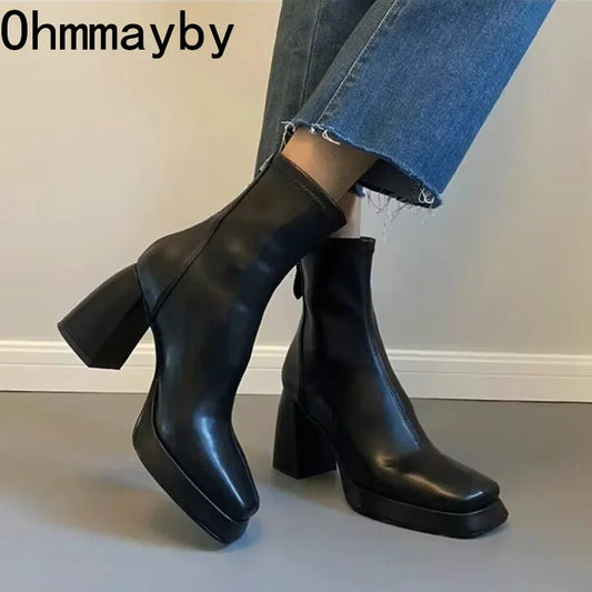 Ohmmayby Vintage Square Toe Damen Stiefeletten Mit Reißverschluss Hinten - Größe EU 37-41, Absatzhöhe 5-8 cm, Knöchelhöhe