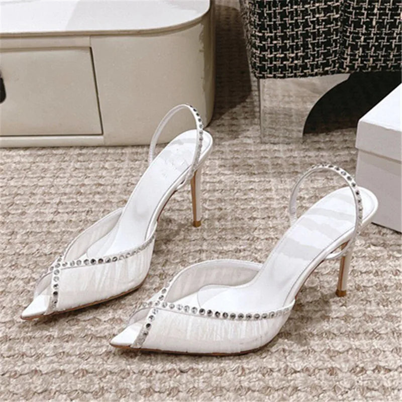 Elegant Women Pointed Toe Rhinestone High Heeled Shoes for Woman's Lace Peep Toe Thin Heels Sandals elegant Ladies Wedding Pumps
