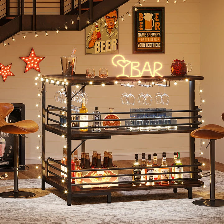 Hausbar 2025: Tribesigns L-Shaped Home Bar Unit - 3 Tier Liquor Bar Table Storage Shelves Wine Glasses Holder Collection