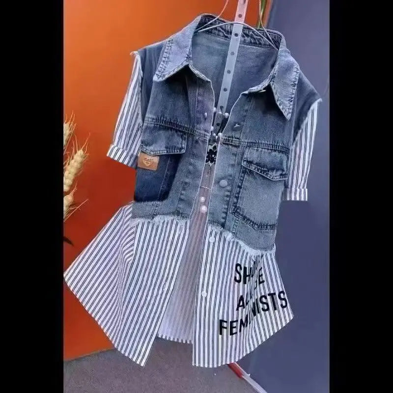 Fashion Striped Denim Jacket Women's Spring/summer 2024 New Design Sense Stitching Women Jackets Temperament Coat Top