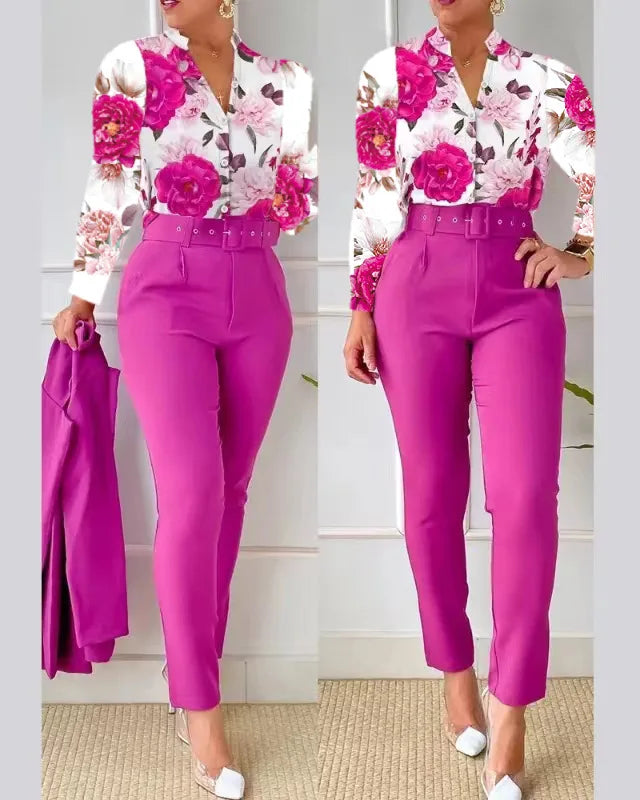 Femei elegante cămașă două piese set costume toamna nouă modă imprimare mânecă lungă top pantaloni negri set cu curea bluze îmbrăcăminte feminină