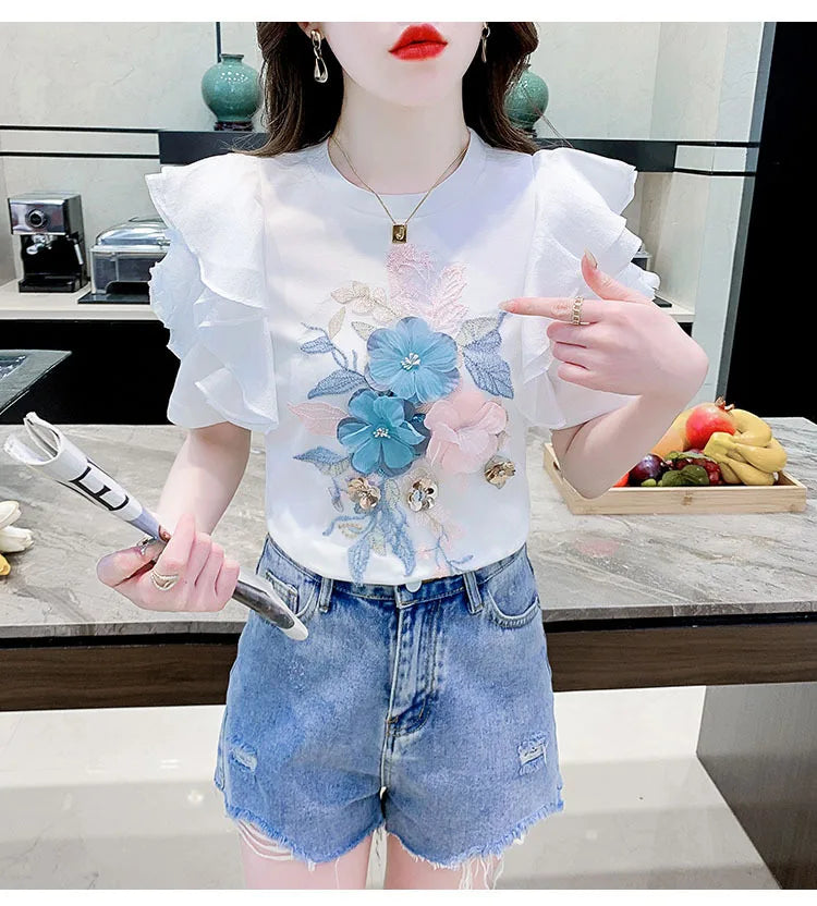Ruffled White T-shirt Women's Short-Sleeved Floral Tshirt 2023 Summer New High-End Heavy Embroidery Flower Chic Top Tees