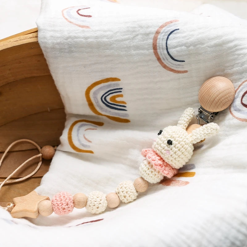 Suzetă croșetată cu iepuraș pentru bebeluși, clips de desene animate, suzete pentru bebeluși, suport pentru biberon nou-născut, cadouri pentru sugari, accesoriu pentru nou-născuți