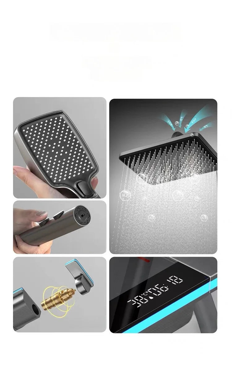 Bathroom Luxury Shower Faucet System with Lights Tempered Glass Shower Set Digital Display Copper Mixer Shower Faucet Set