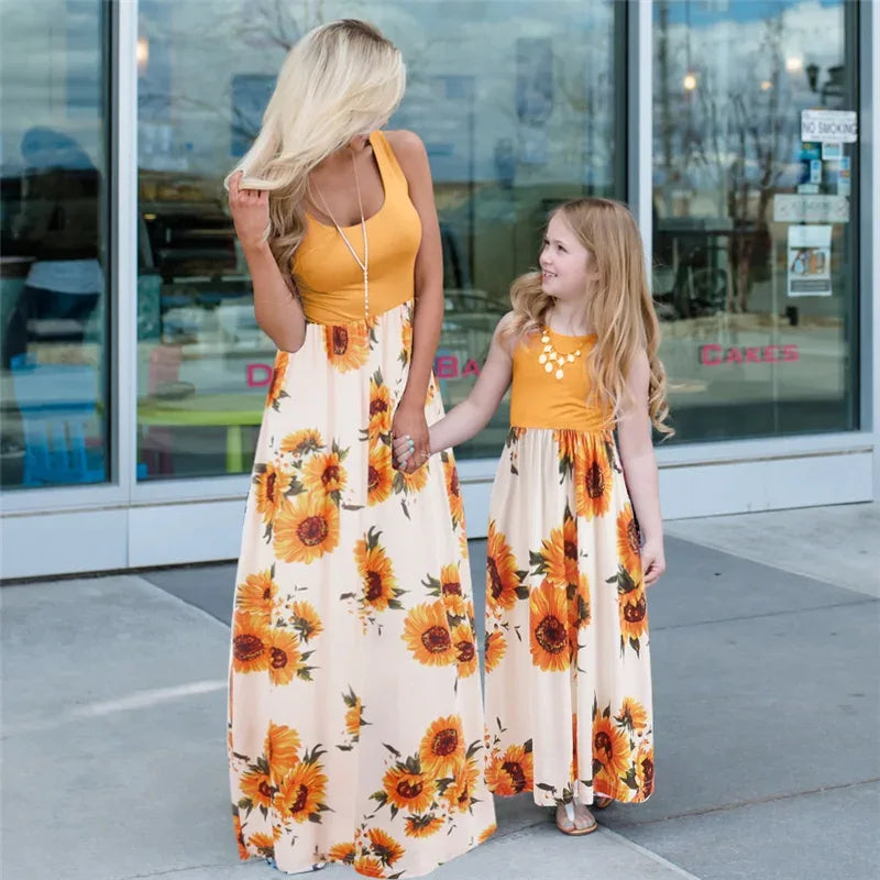 Mother Daughter Matching Dresses Family Sets Floral Fashion Woman Girls Long Dress Outfits Sleeveless Family Look Dress - Golden Bridge Store