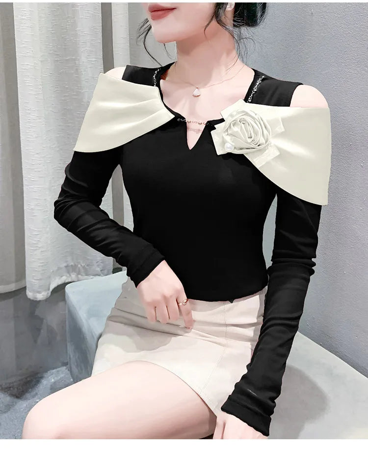 Women T-shirt Fashion T Shirt Cotton Slim Tee For Ladies Autumn Clothing New Long Sleeve Beading V-Neck Tops