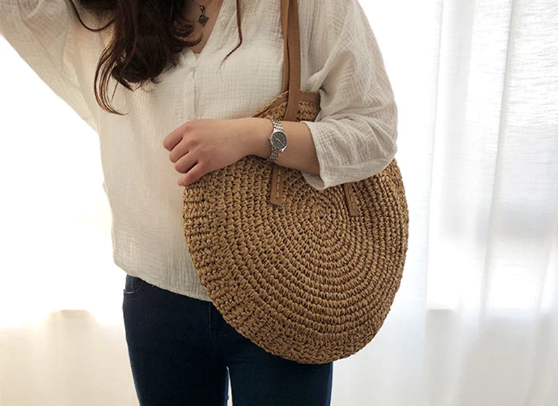 Round Straw Beach Bag Vintage Handmade Woven Shoulder Bag Raffia circle Rattan bags Bohemian Summer Vacation Casual Bags