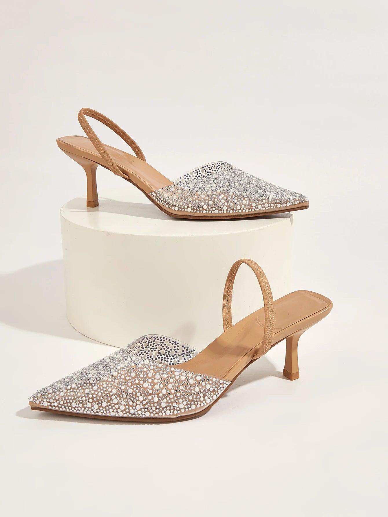 Glamorous Women's Heeled Sandals Translucent Faux Pearls Decor Slingback Stiletto Comfy Lightweight Prom Heels Summer