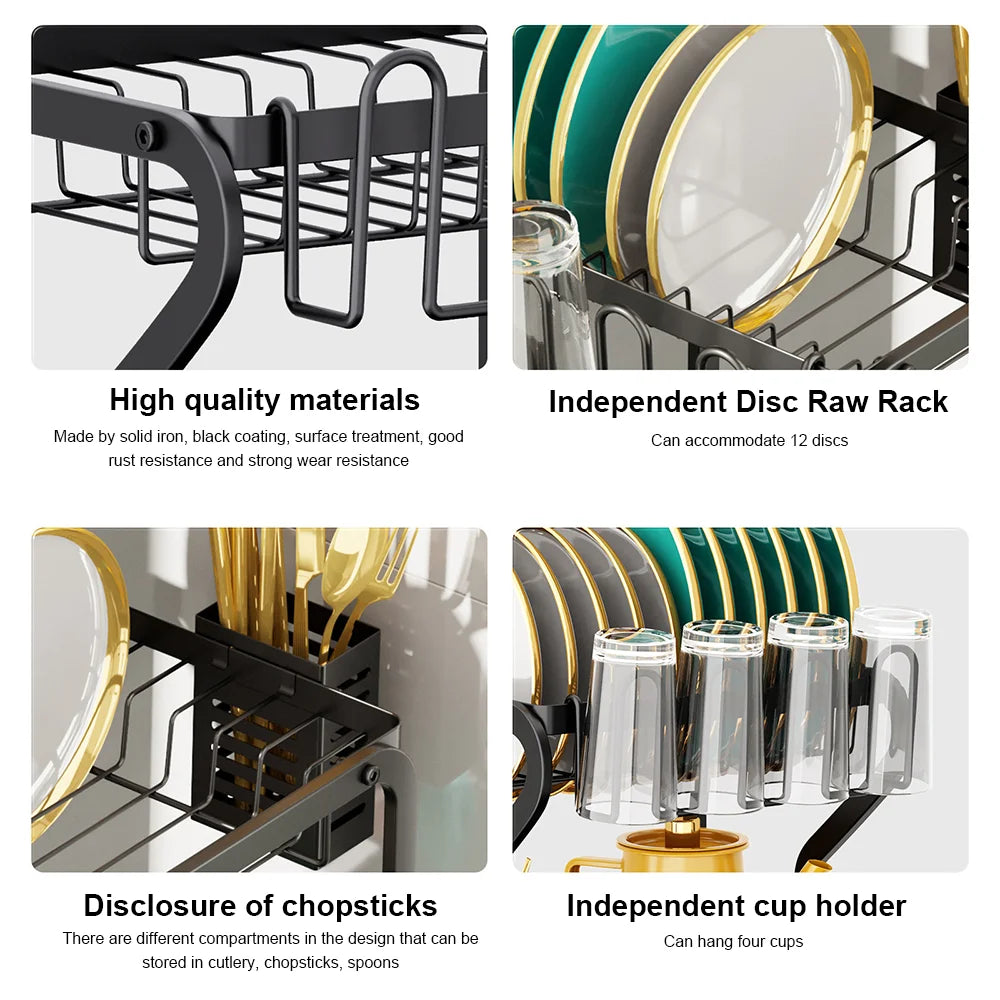 Dish Drainer Rack Multi-functional 2-Tier Dish Rack Kitchen Supplies Storage Rack Draining Rack Cup Chopstick Organizer