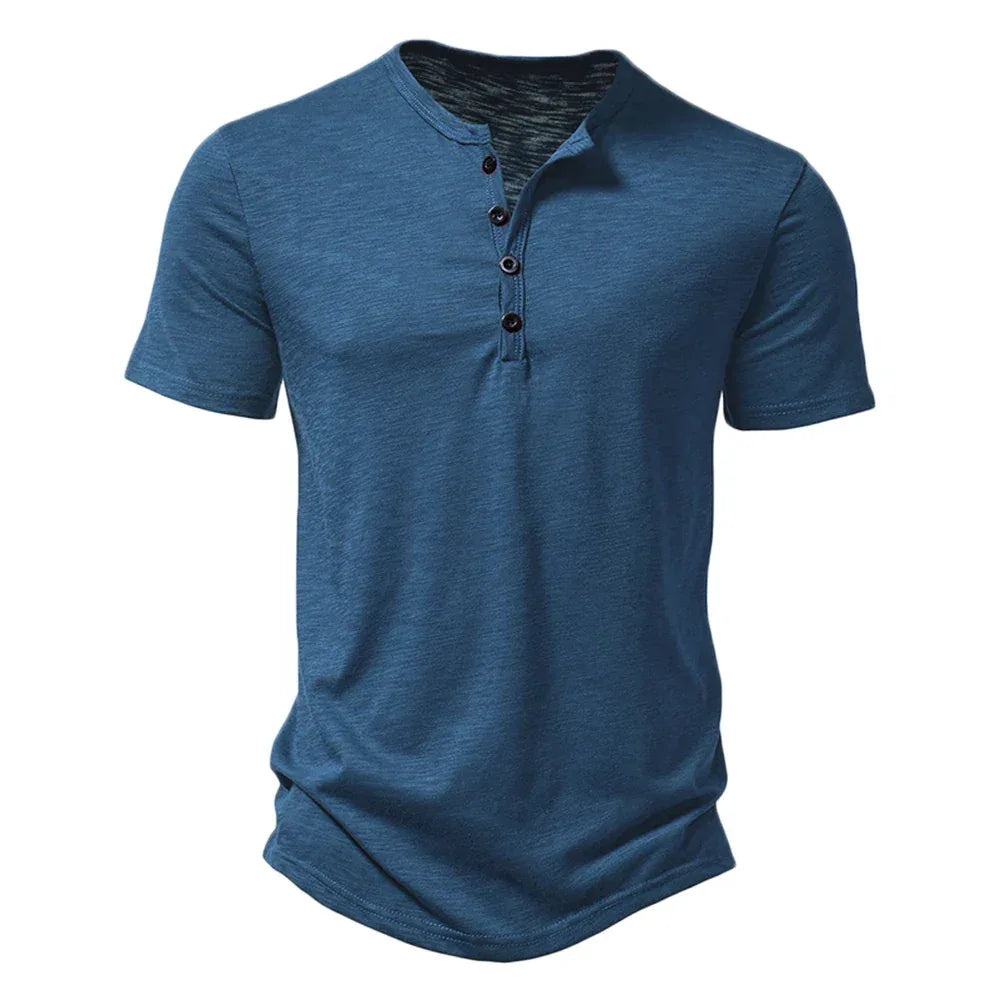 Henley Collar Summer Men Casual Solid Color Short Sleeve T Shirt for Men Polo men High QualityMens T Shirts - Golden Bridge Store