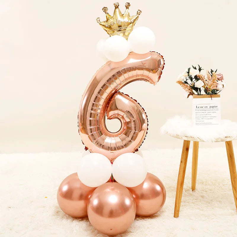 Chrome Rose Gold 32inch Number Foil Column Balloons Happy Birthday Party Decorations Kids Boy Girl 1 2 3 4 5 6 7 8 9 Year Old