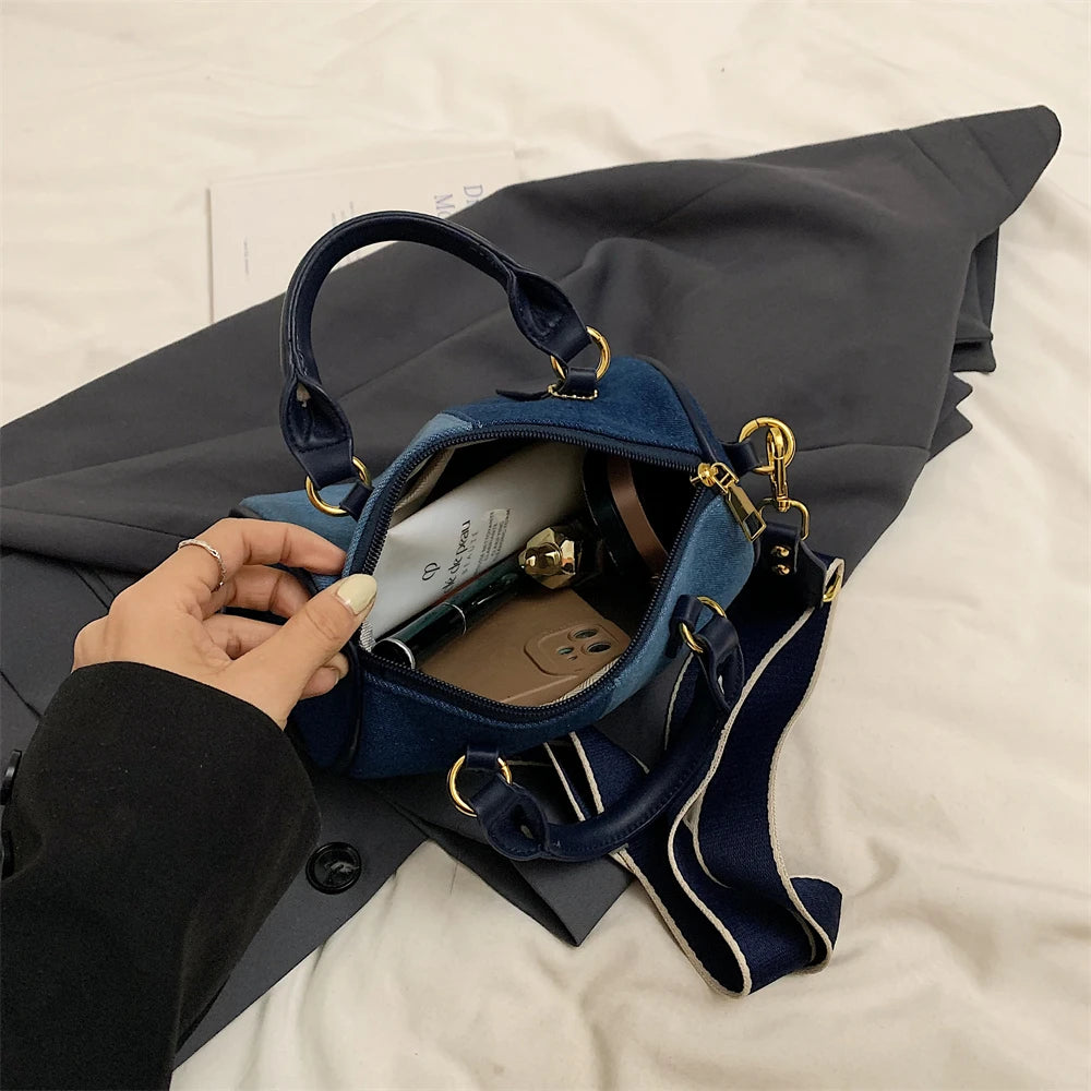 Patchwork Colorblock Mini Handbags For Women Denim Shoulder Cross Body Bags Casual Street Small Boston Bag 2024 Designer Purses