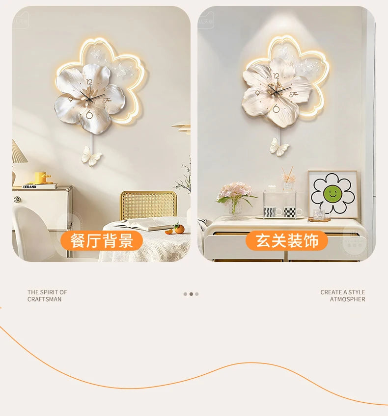 Cream Style Living Room Decoration with LED Light Wall Clock New Home Decor Creative Swinging Clock