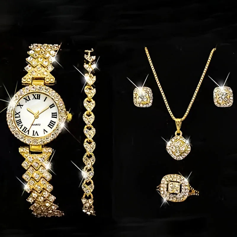 Mode Luxus Vollkristall 5-teiliges Set - Uhr Halskette Ohrringe Ring Set für Damen - Strass Armbanduhr Damen Armband Set Geschenk