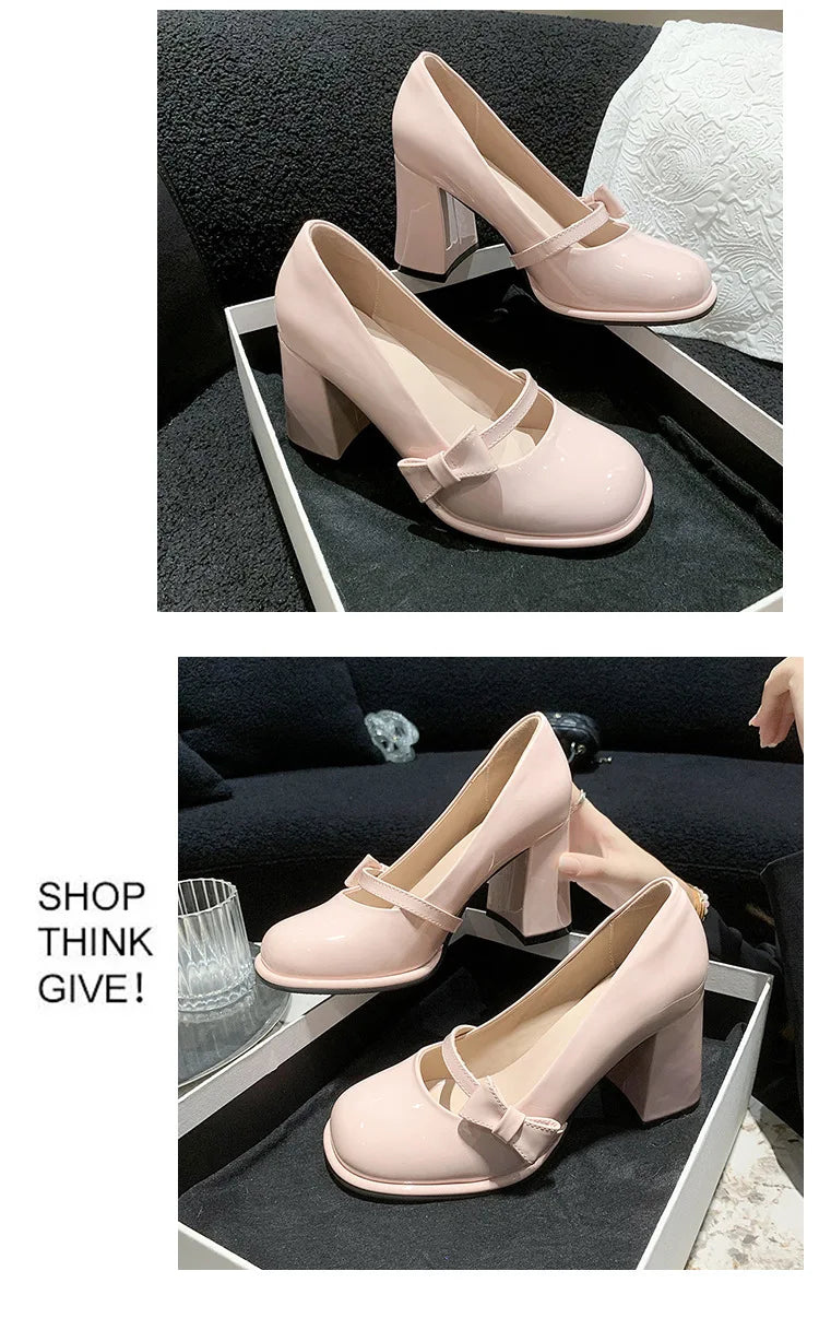 Elegant Heel Shoes Ladies 8cm High Heel Bowknot Solid Mary Jane Zapatos Adult Dress Pink White Black Cosplay Footwear