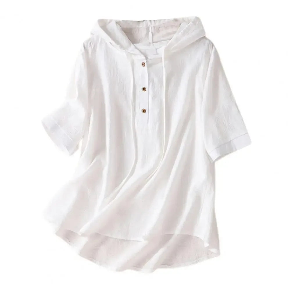 Elegant Women Blouse Shirt Hooded Cotton Linen Solid Color Buttons Half Placket Short Sleeve Top Thin Loose Blouse - Golden Bridge Store