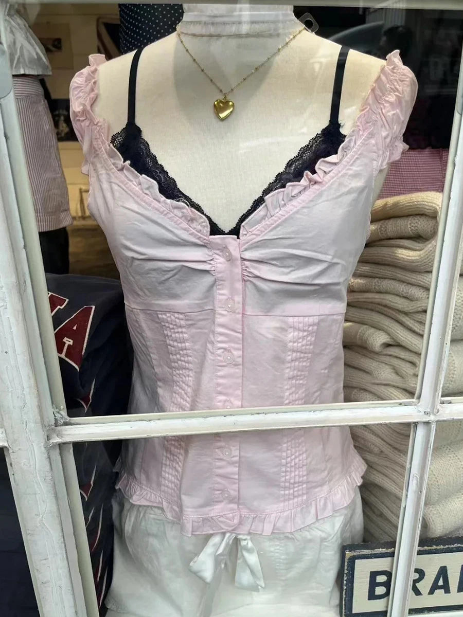 Blue Plaid Ruffles T-shirt Women Summer Folds V-neck Single Breasted Short Sleeve Tee Shirts Sweet Girls Cotton Slim Crop Top