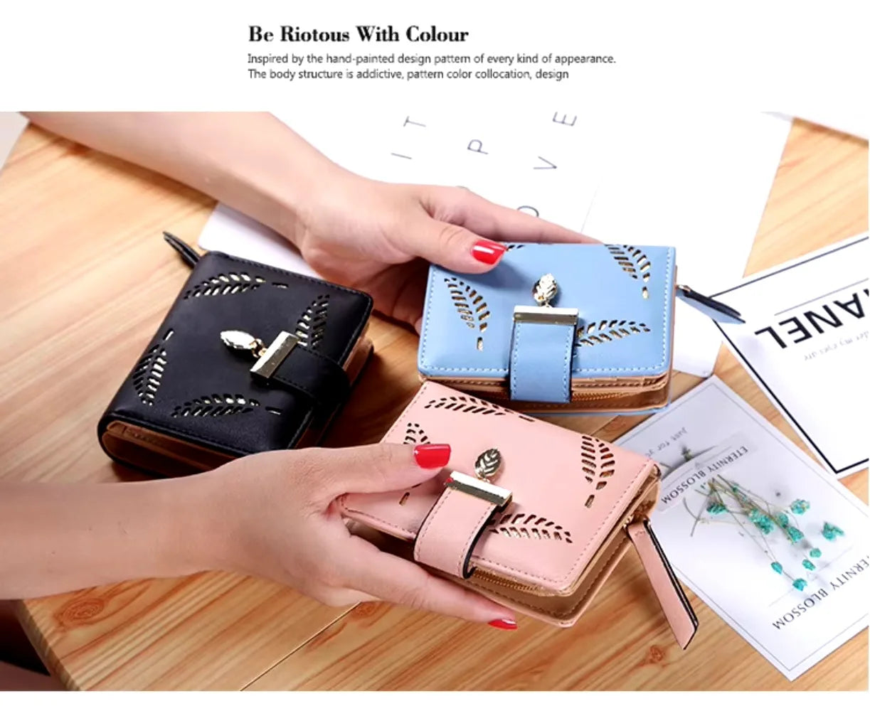 Luxus Frauen Geldbörse Leder Portemonnaie Kurz Reißverschluss Clutch Tasche Klein Ausgehöhlt Blätter Design Mode Marke Geldbörsen