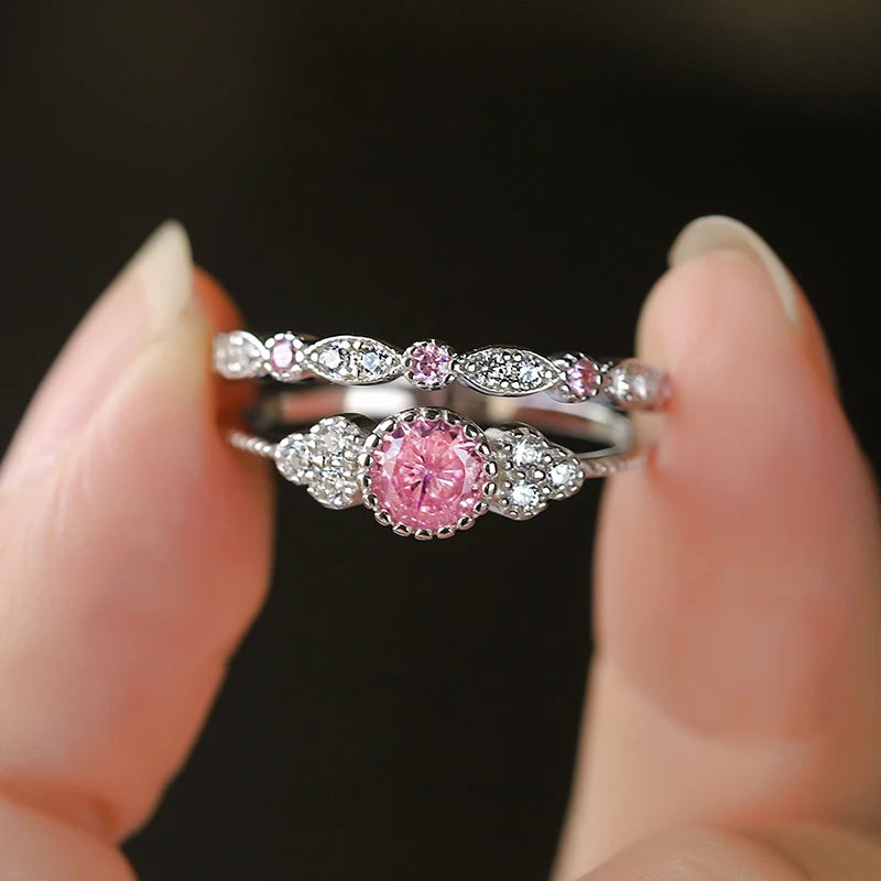 Personalized Stacking Ring Genuine S925 Silver Pink Zircon Fashion Versatile Double Layer Ring Ring