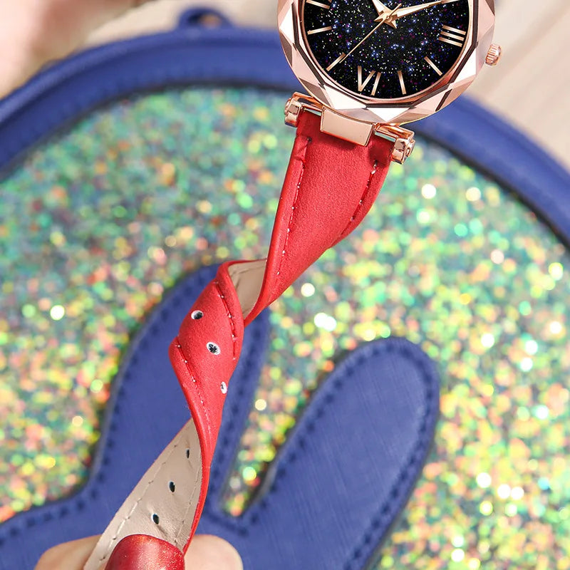 Damen Uhr Strass Romantischer Sternenhimmel - Armbanduhr Mode Damen Leder Uhr - Uhr für Frauen