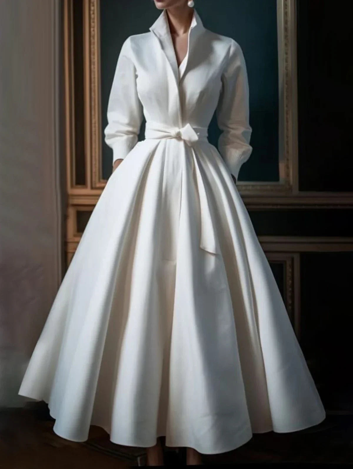 Elegant Women Shirt Dress Long Sleeve Stand Collar Minimalist A-Line Pleated Wedding Guest Long Maxi Dresses with Blet