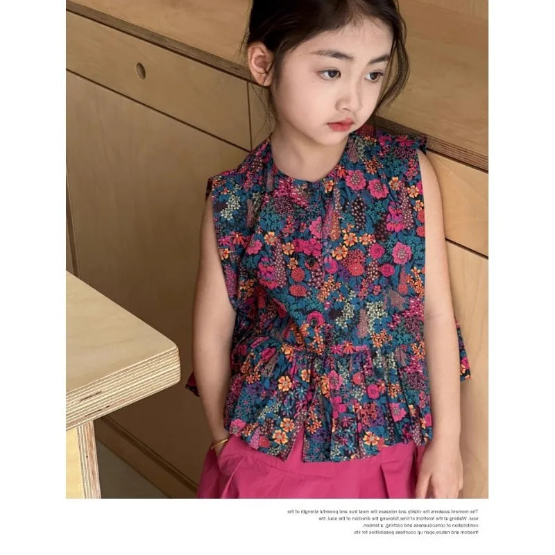 New Summer Infant Baby Girl 2PCS Clothes Set Cotton Floral Print Sleevelss T-shirt Suit Solid Soft Wide Leg Pant Kid Girl Outfit