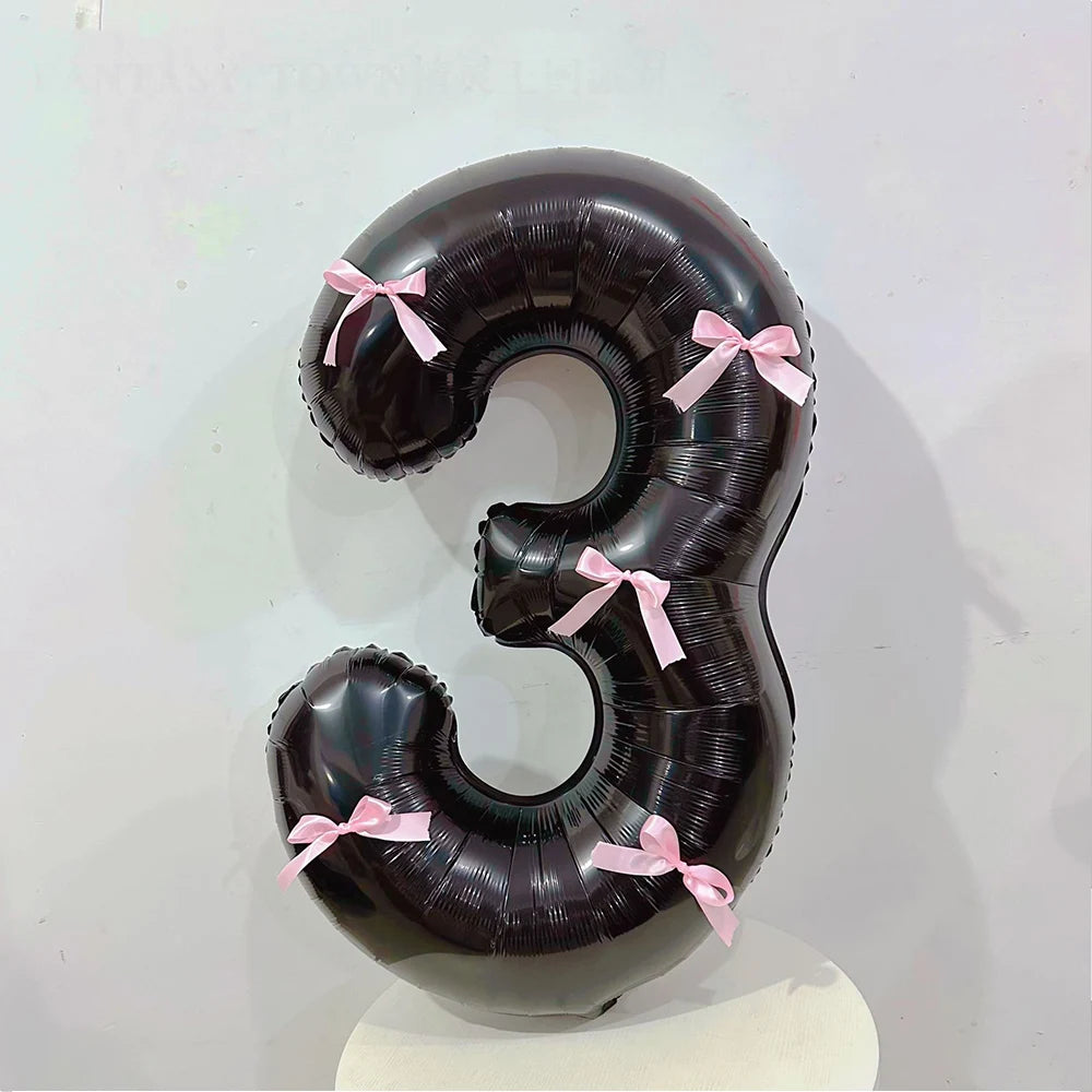Black Number Balloons Aluminum Film Balloons With Pink Bow for Kids Boy Girl Birthday Party Decorations 0-9 Numbers