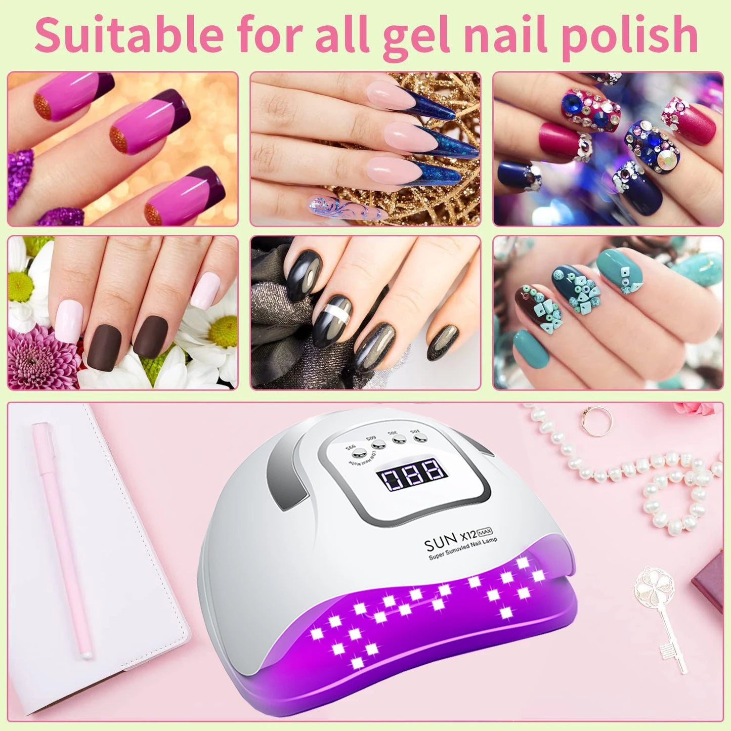 Lampă UV LED SUN X12 MAX pentru manichiură, lampă UV cu 66 de LED-uri pentru uscător de unghii cu senzor inteligent, instrument profesional de salon