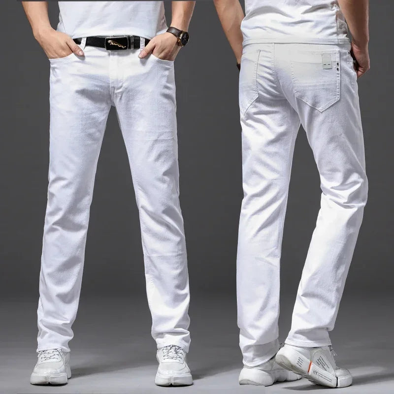 Four Seasons Men's White Jeans Fashion Casual Classic Style Slim Trousers Comfortable Soft Male Trendy Brand Stretch Pants