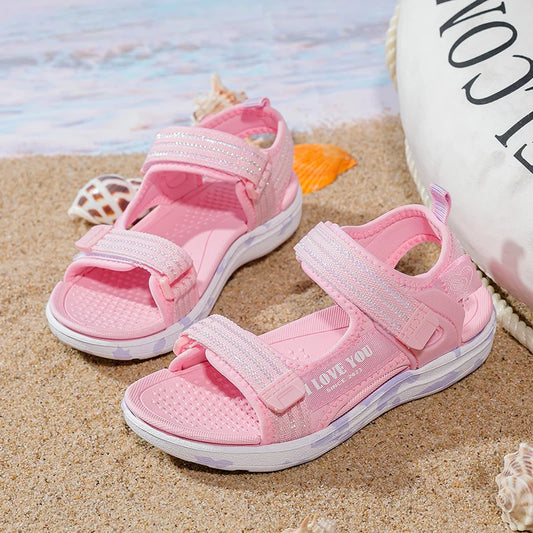 Sandalen Mädchen 2025 - Weiche Sohlen Casual Schuhe Modische Prinzessin - Neue Blumen Rosa Flache Schuhe Rutschfest Strand Kinder 7-13J
