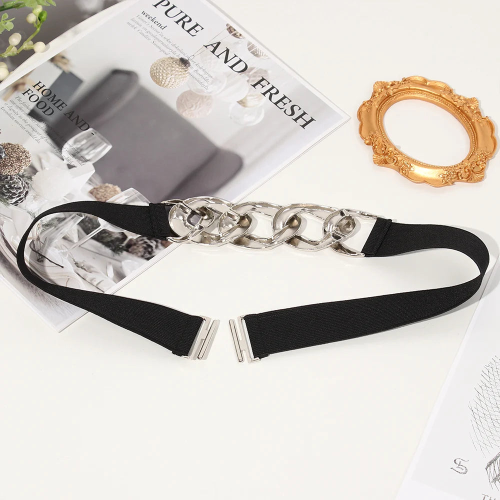 Elastic Women Belt Punk Fashion Women Elastic Belts Gold Silver Metal Chain Waist Strap For Dress Coat Suit Decorative Waistband