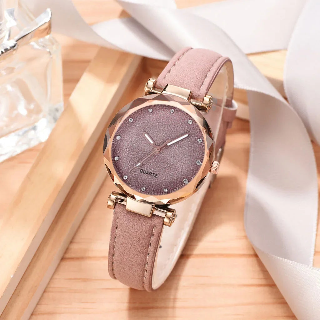 Casual Uhren Damen Romantischer Sternenhimmel - Uhr Armband Leder Strass Designer - Damen Uhr Einfaches Kleid Geschenk