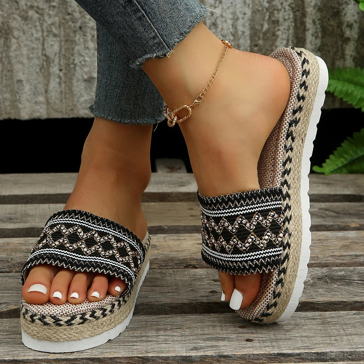 Gewebte Damen Pantoletten Platform - Sommer Schuhe für Damen 2025 Neu - Strand Casual Absatz Sandalen Bohemian Handgemacht Espadrilles