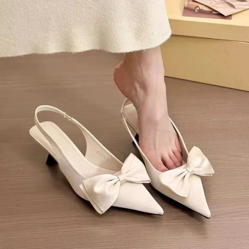Elegant High Heels Women's Shoes Summer Black Shallow Mouth Pointed Toe Bow Slingbacks Luxury Party Office Lady Sandals