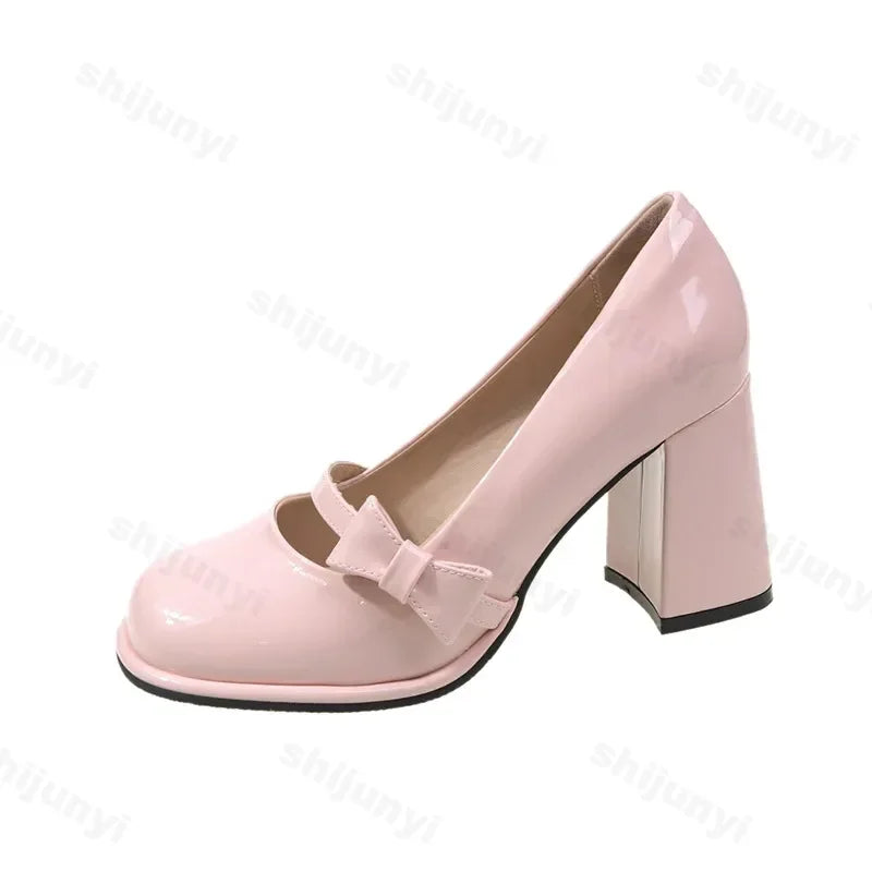 Elegant Heel Shoes Ladies 8cm High Heel Bowknot Solid Mary Jane Zapatos Adult Dress Pink White Black Cosplay Footwear