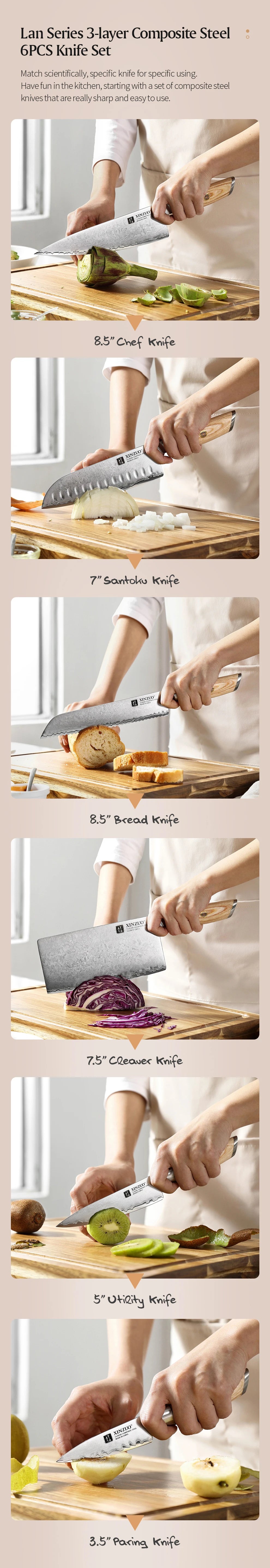 XINZUO 1-6PCS Pro Kitchen Knife Set – 10Cr15CoMoV Steel Core Blades & Japanese Pakkawood Handle for Ultimate Precision