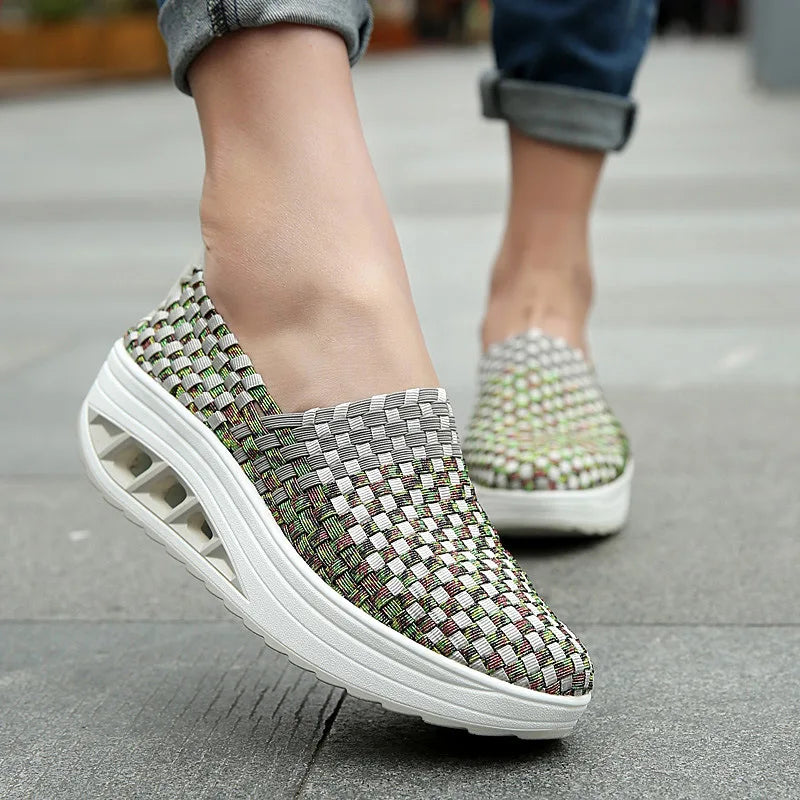 Zapatos De Mujer Sneakers Women's Mixed Color Woven Wedge Rocking Shoes Lightweight Non-slip Breathable Loafers Chaussure Femmes